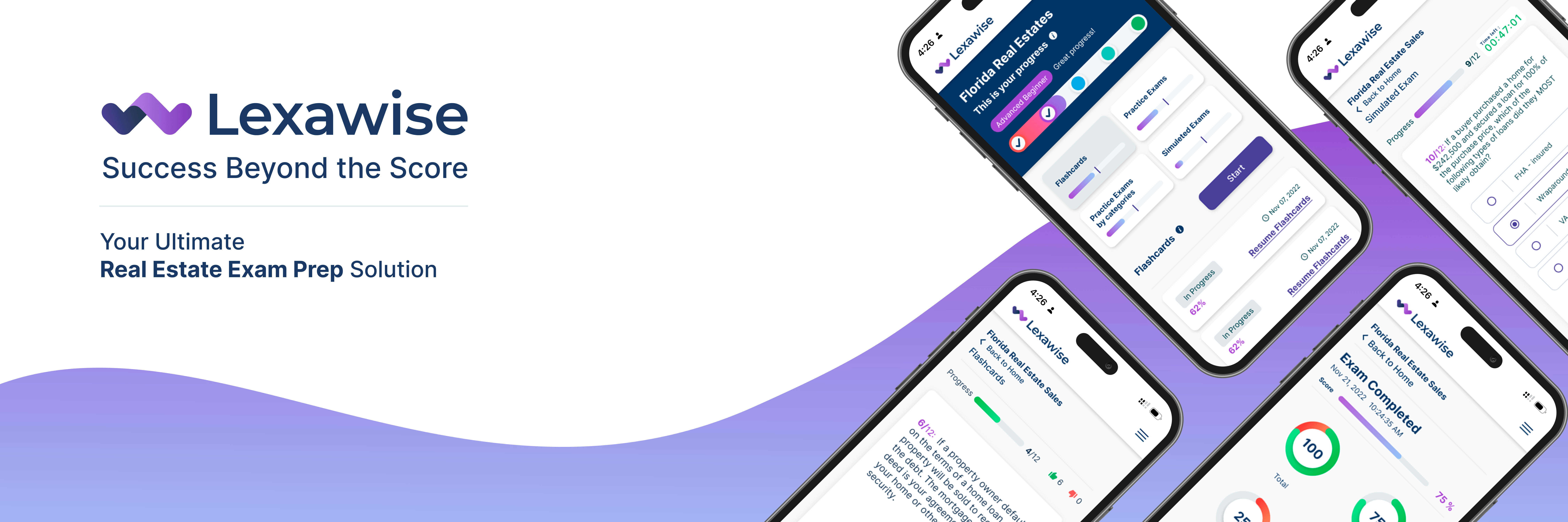 Lexawise logo and slogan next to several smartphones showing the different Lexawise exam features on their screen.
