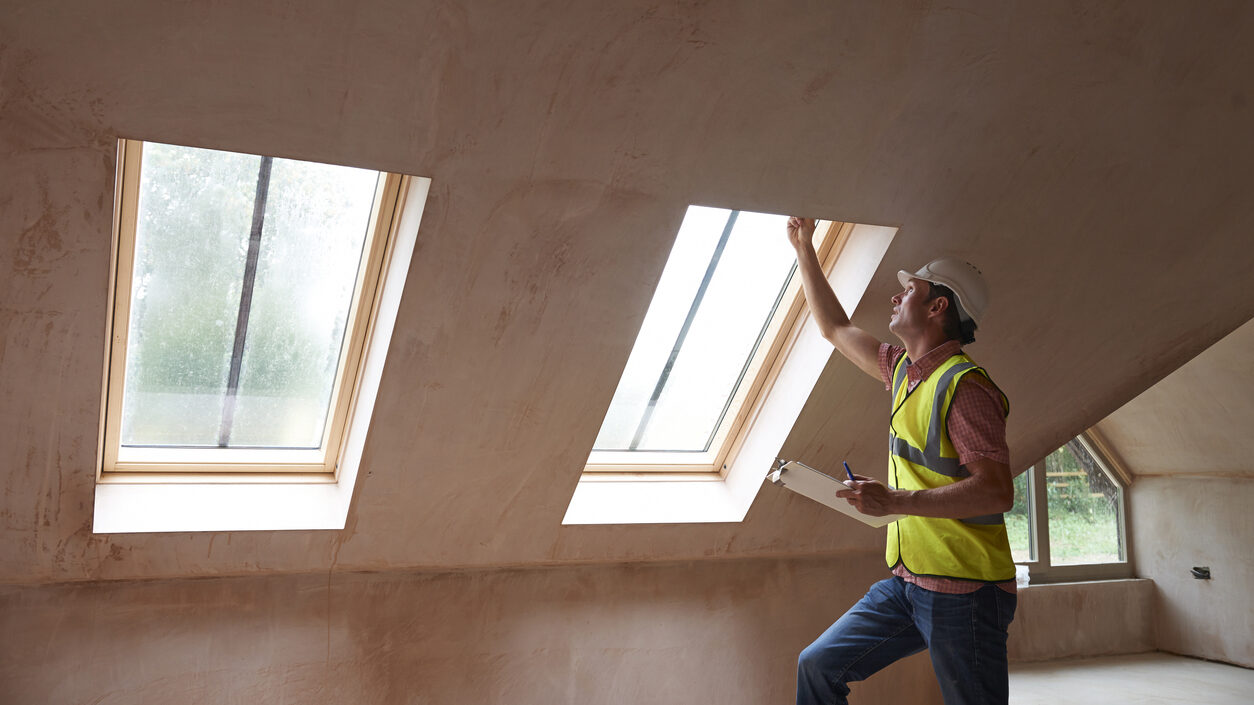 An appraiser is checking out the roof of a house.